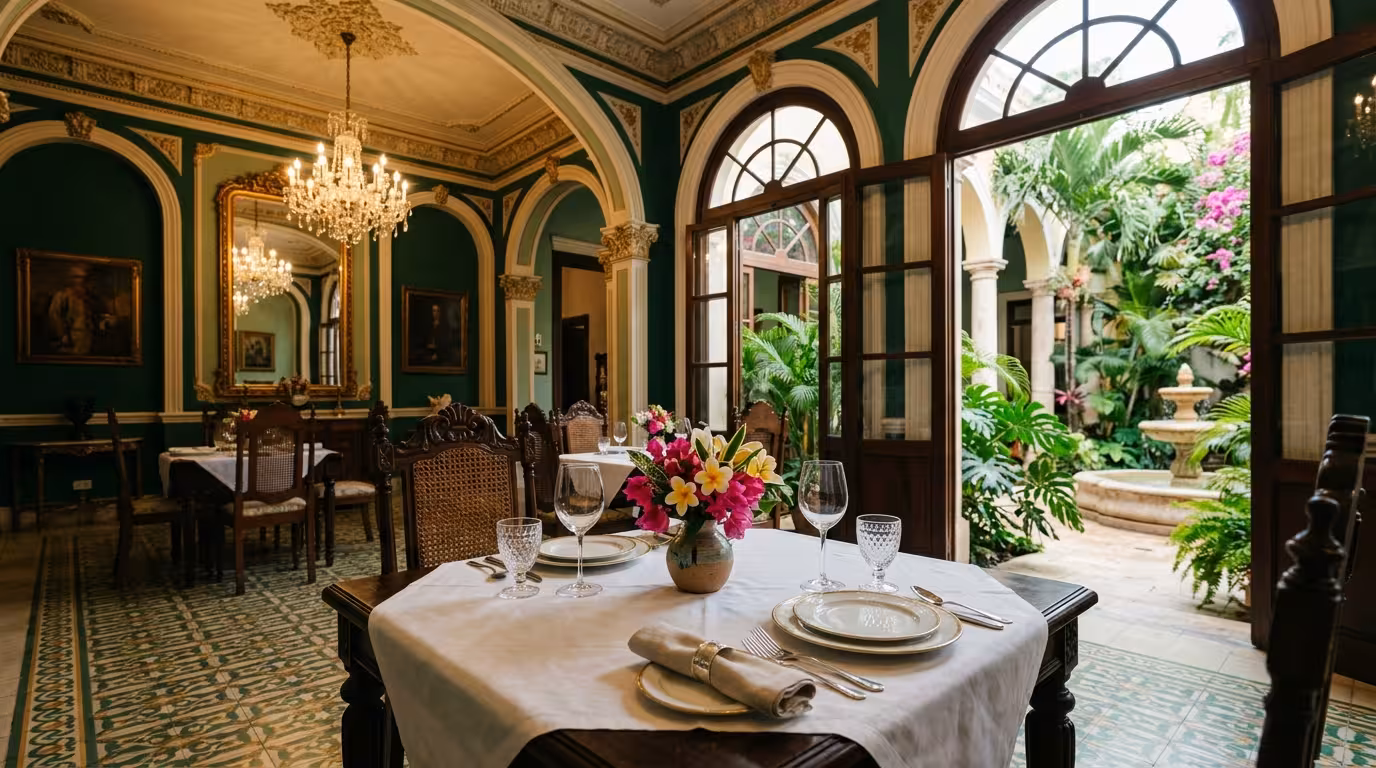 Interior de restaurante en casona porfiriana de Mérida con tile pasta yucateco y chandeliers elegantes