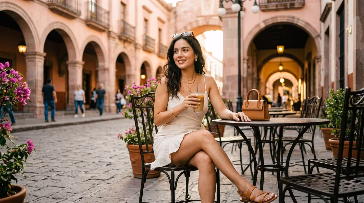 Mujer joven elegante en café del Centro Histórico de Querétaro con arquitectura colonial al fondo