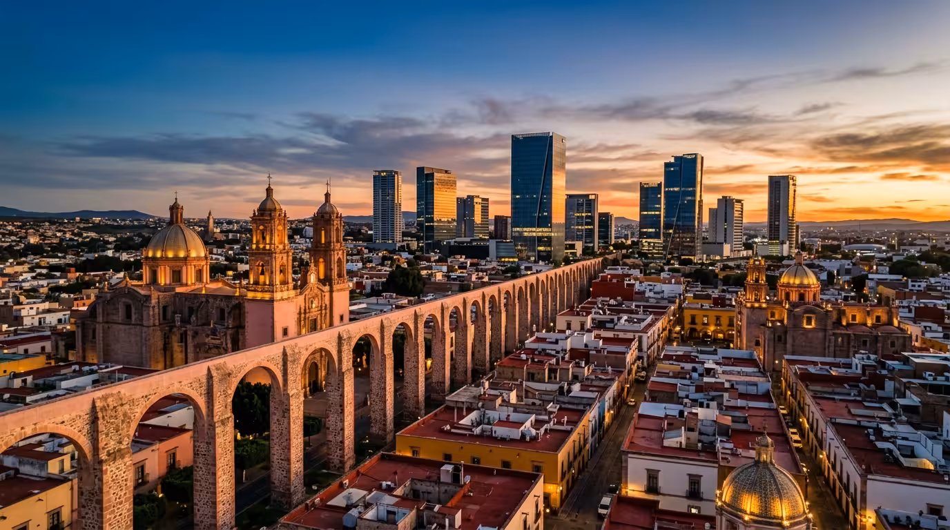 Skyline de Querétaro al atardecer combinando arquitectura colonial UNESCO y torres modernas