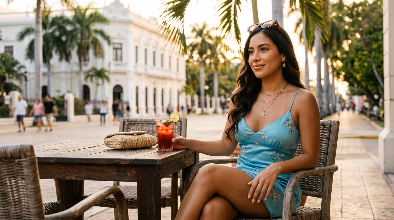 Mujer joven elegante en café de Paseo de Montejo Mérida con palmeras tropicales al fondo