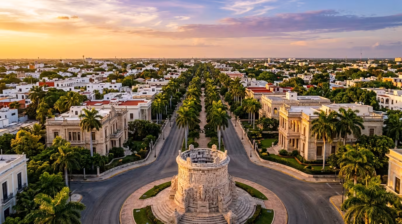 Paseo de Montejo en Mérida al atardecer con casonas porfirianas y palmeras tropicales