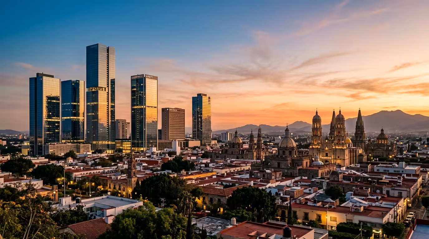 Skyline de Guadalajara al atardecer con torres modernas y arquitectura colonial