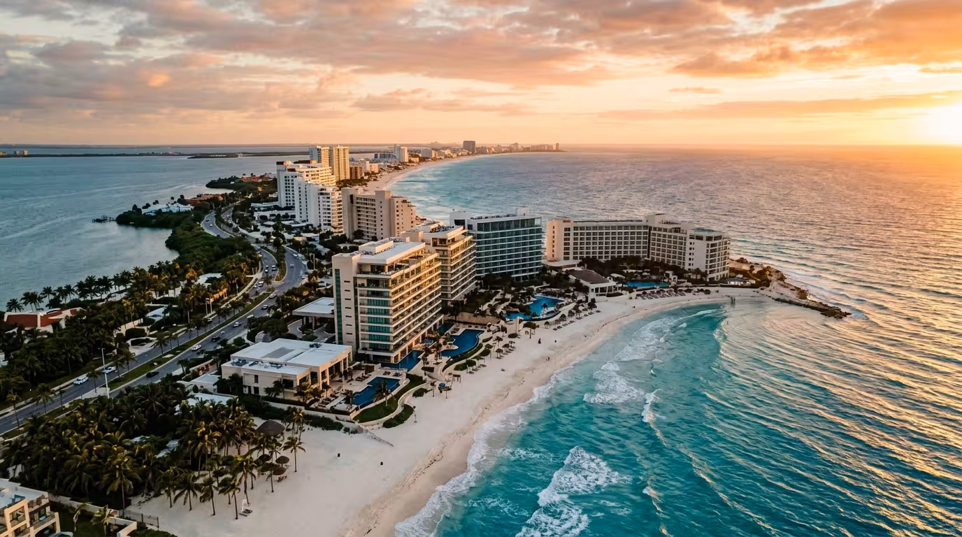 Zona Hotelera de Cancún al atardecer con torres de lujo y mar Caribe turquesa