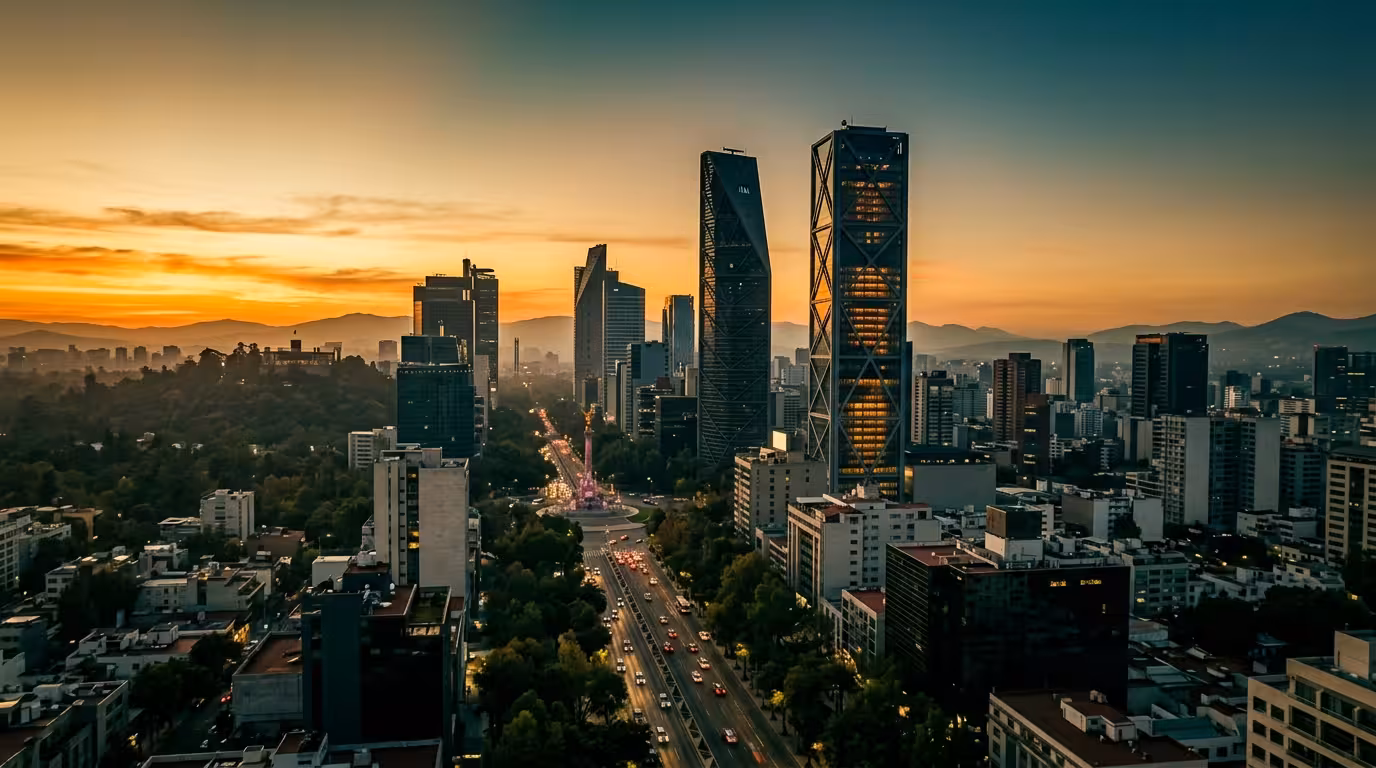 Skyline de Ciudad de México al atardecer desde Paseo de la Reforma
