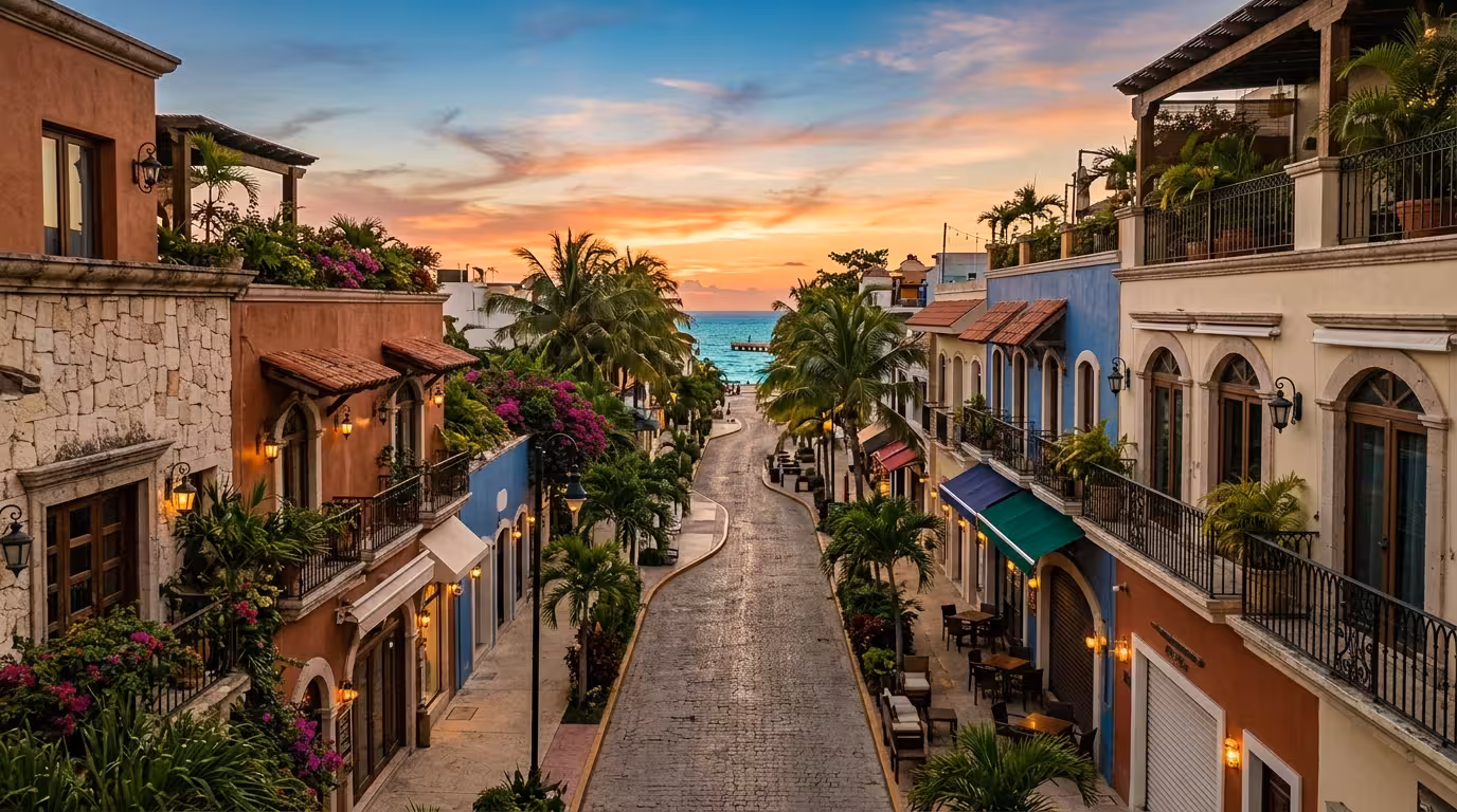Quinta Avenida peatonal de Playa del Carmen al atardecer con palmeras y arquitectura cosmopolita