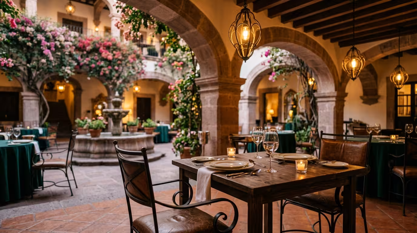 Patio colonial restaurado de restaurante en Centro Histórico de Querétaro con cantera rosa y bugambilias