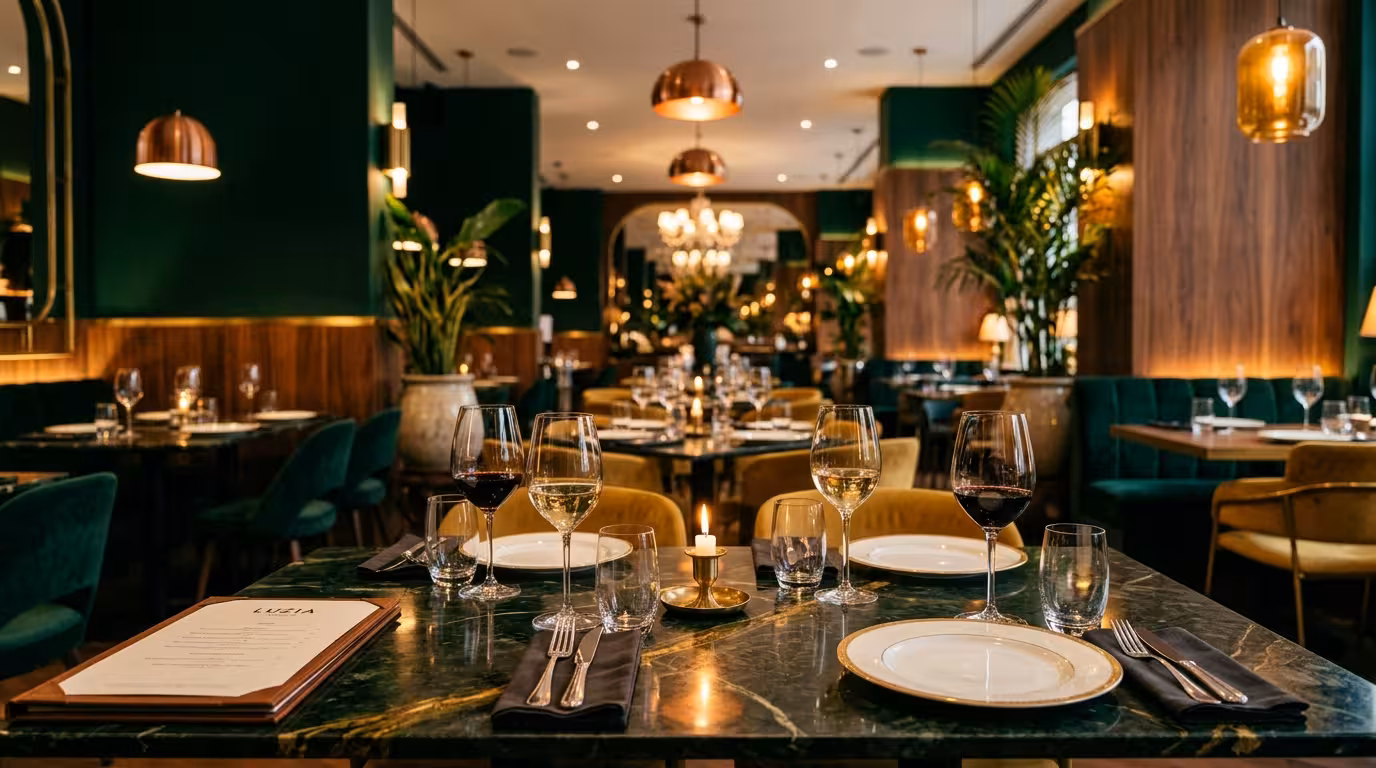 Interior de restaurante elegante en CDMX con mesa preparada y luz cálida