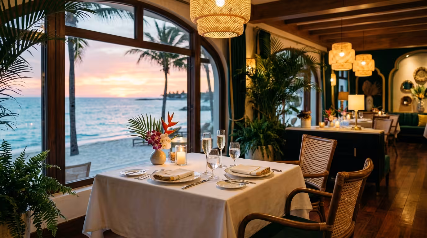 Interior de restaurante de hotel premium en Cancún con vista al mar Caribe al atardecer