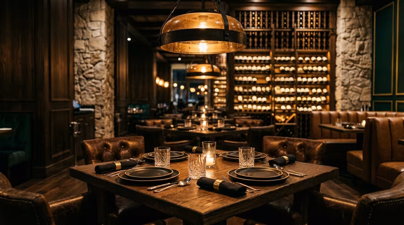Interior de steakhouse premium en San Pedro Garza García con mesa preparada