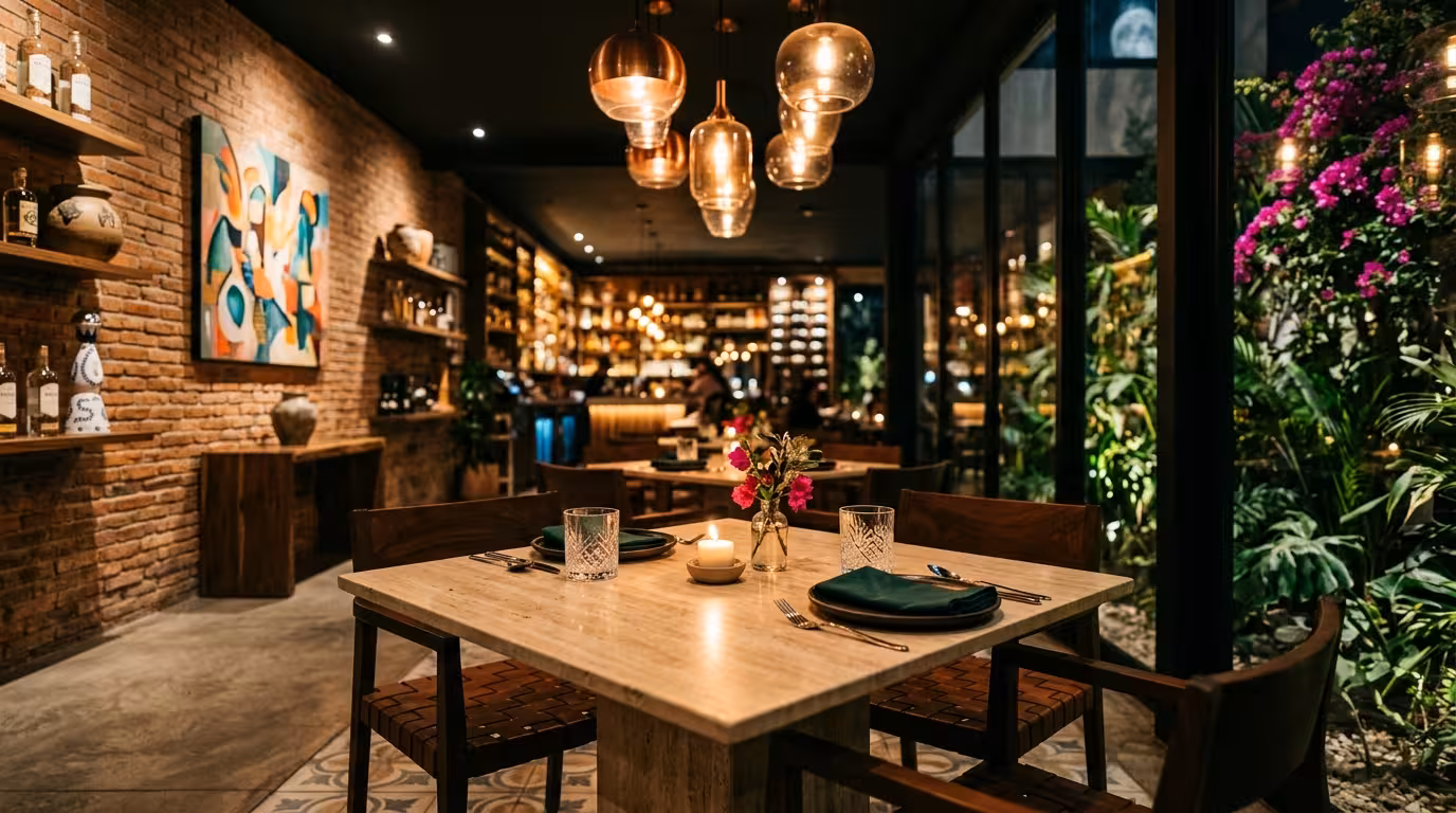 Interior de restaurante moderno mexicano en Zapopan con identidad tapatía contemporánea