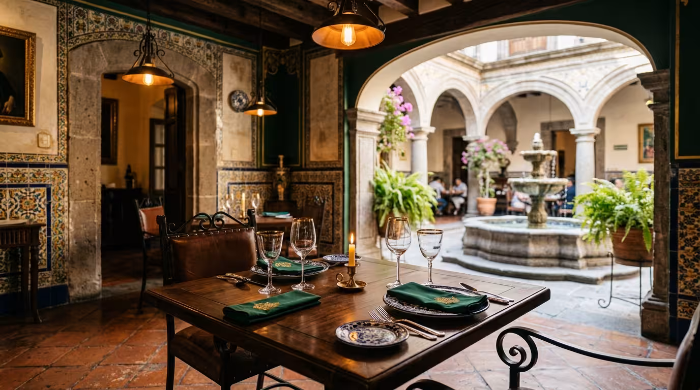 Interior de restaurante en mansión colonial poblana con talavera y arquitectura virreinal