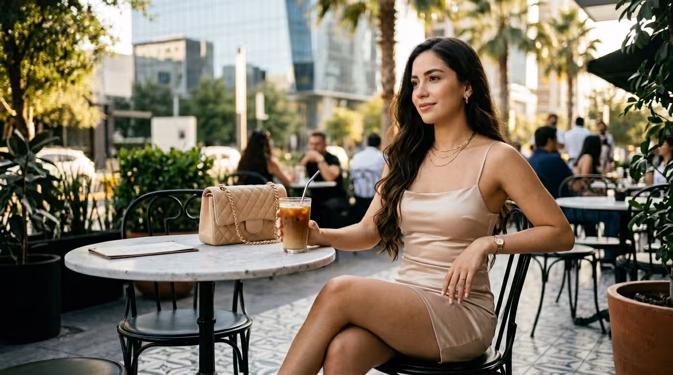 Mujer joven en café elegante de San Pedro Garza García