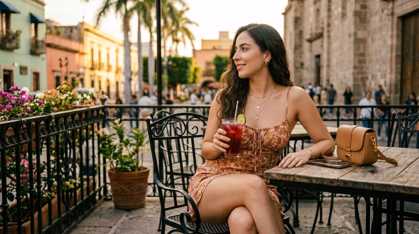Mujer joven en café tapatío en Chapalita con identidad mexicana contemporánea