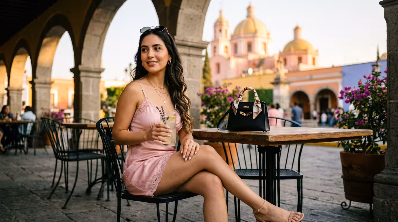 Mujer joven elegante en café del corredor colonial de Cholula con arquitectura barroca al fondo