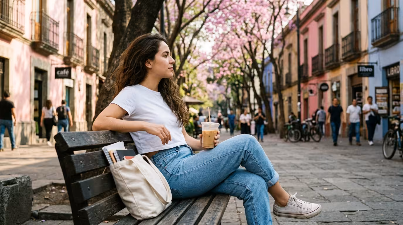 Mujer joven sentada en una calle de Roma Norte CDMX
